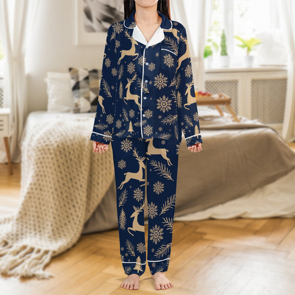 Navy Blue Snowflake Pajamas, Christmas Reindeer Satin Pajama Set, Winter Holiday Sleepwear Set, Christmas Pajama Loungewear P