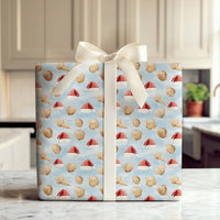 Coastal Holiday Gift Wrap, Seashell Christmas Wrapping Paper, Santa Hat Beach Wrapping Paper, Festive Ocean Present Wrap, Beach Lover Present