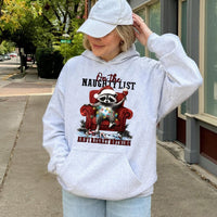 Naughty List Raccoon Hoodie, I Regret Nothing Raccoon Christmas Hoodie, Humorous Animal Holiday Graphic Sweatshirt, Adorable Xmas Pullover Hoodie