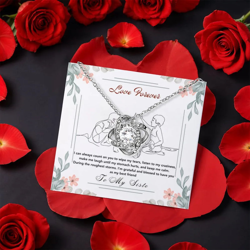 Crystal Sister Necklace, Sister Love Knot Necklace, Intertwined Love Knot Pendant, Rotating Rose Gift Box, Sister Birthday Christmas Present