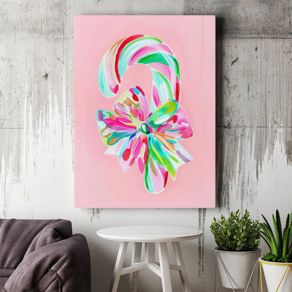 Painterly Candy Cane Wall Art, Candy Cane Christmas Canvas, Pink Holiday Canvas Print, Festive Candy Cane Bow Art, Christmas 