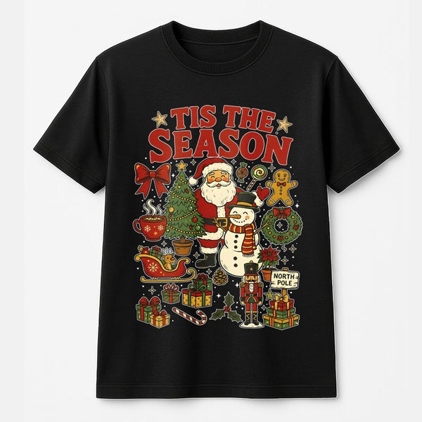 Santa Claus Snowman Graphic T-Shirt, Tis the Season Christmas Shirt, Retro Holiday Party Tee, Festive Family Tee, Unisex Xmas