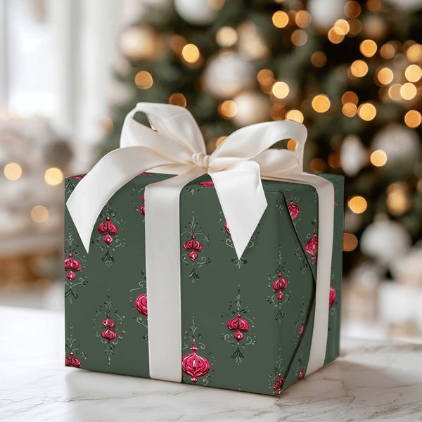 Magenta Bauble Holiday Gift Wrap, Vintage Ornament Christmas Wrapping Paper, Sage Green Xmas Wrapping Paper, Elegant Winter G