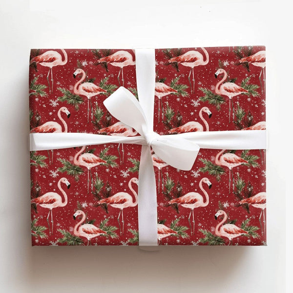 Red Snowy Flamingo Gift Wrap, Tropical Christmas Wrapping Paper, Pink Flamingo Holiday Wrapping Paper, Festive Seasonal Prese
