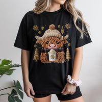 Adorable Winter Holiday Graphic Tee, Christmas Highland Cow Coffee T-Shirt, Festive Farmhouse Cow Shirt, Comfy Xmas Aesthetic Graphic T-Shirt