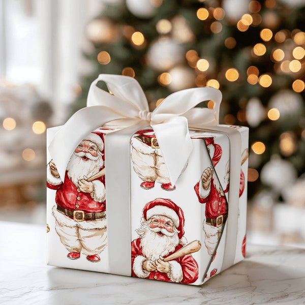 Baseball Christmas Gift Wrap, Watercolor Baseball Santa Wrapping Paper, Sports Holiday Wrapping Paper, Baseball Fan Christmas