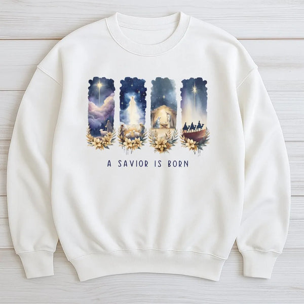 Watercolor Nativity Scene Sweater, A Savior Is Born Nativity Sweatshirt, Christian Christmas Crewneck Pullover, Faith Holiday