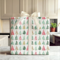 Pine Holiday Gift Wrap Paper, Watercolor Christmas Tree Wrapping Paper, Red Green Gold Gift Wrap Roll, Festive Present Wrapping Paper