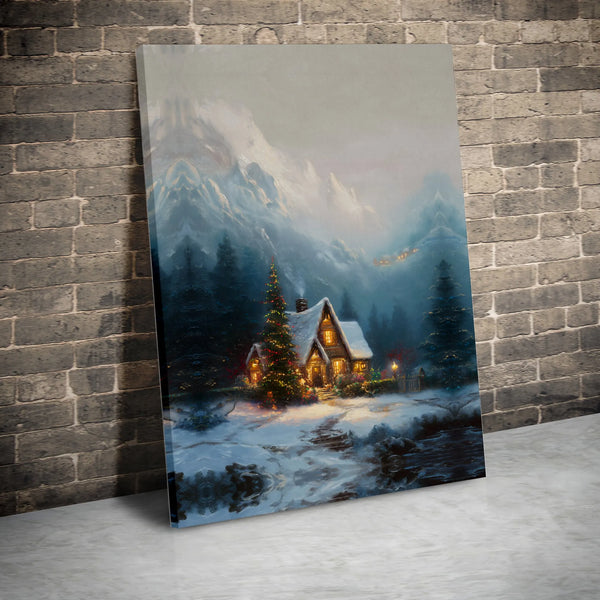 Snowy Mountain Canvas Wall Art, Winter Cabin Canvas Print, Rustic Forest Landscape Canvas Art, Christmas Decor Digital Downlo