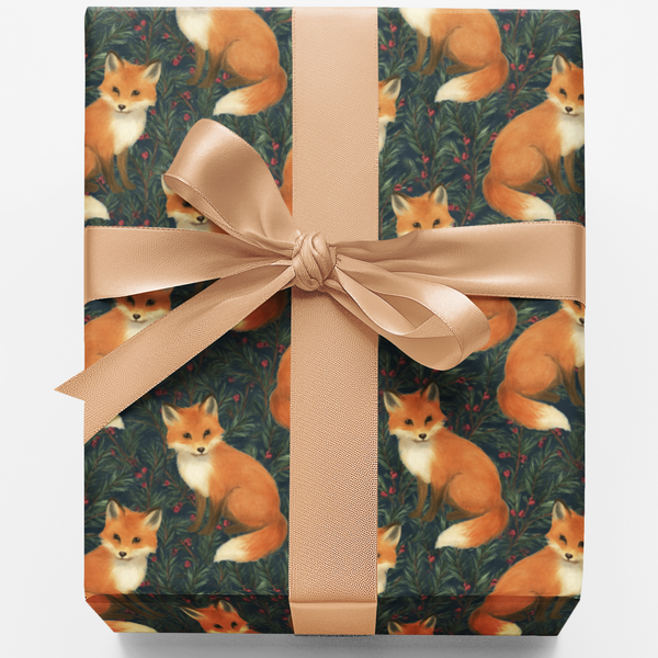 Rustic Pine Forest Gift Wrap, Woodland Fox Wrapping Paper, Winter Fox Christmas Paper, Nature Lover Animal Wrapping Paper, Ho
