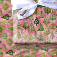 Green Trees Pink Gift Wrap, Watercolor Tree Christmas Wrapping Paper, Whimsical Holiday Tree Wrapping Paper, Festive Winter Wrapping Paper