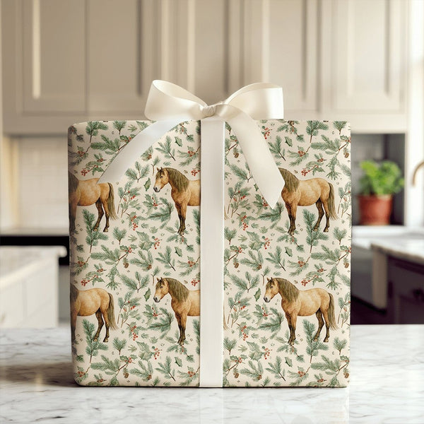 Holly and Pine Holiday Gift Wrap, Rustic Horse Christmas Wrapping Paper, Equestrian Winter Wrapping Paper, Country Woodland P