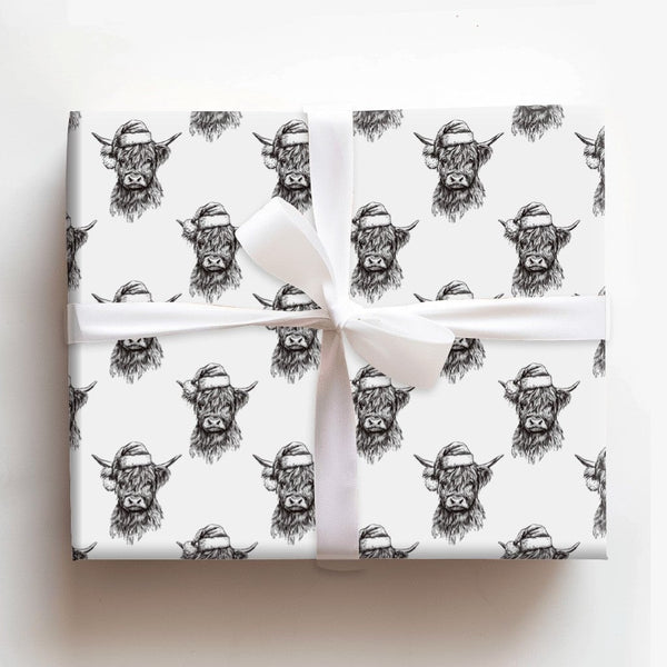 Black and White Christmas Gift Wrap, Sketch Highland Cow Wrapping Paper, Rustic Cow Holiday Wrapping Paper, Farmhouse Gift Wr