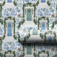 Holiday Front Door Gift Wrap, Blue Toile Christmas Wrapping Paper, Winter Wreath Festive Wrapping Paper, Elegant Xmas Gift Wrapping Paper