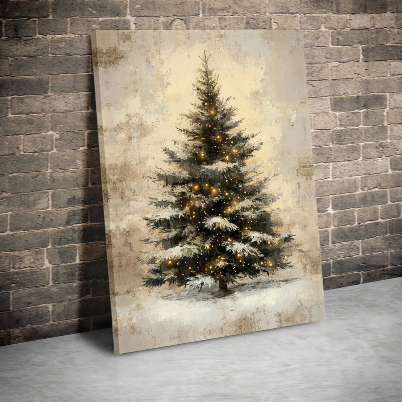 Warm Fairy Light Holiday Pine Canvas Print, Vintage Snowy Christmas Tree Canvas Wall Art, Festive Winter Wonderland Canvas Art, Decor