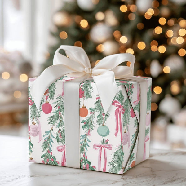 Pink Ribbon Christmas Gift Wrap, Watercolor Garland Wrapping Paper, Elegant Holiday Wrapping Paper, Festive Winter Xmas Gift 