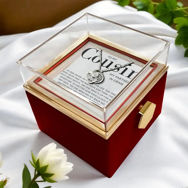 Sentimental Cousin Necklace, To My Cousin Love Knot Necklace, Sparkling Gold Finish Pendant Necklace, Rose Box Birthday Chris