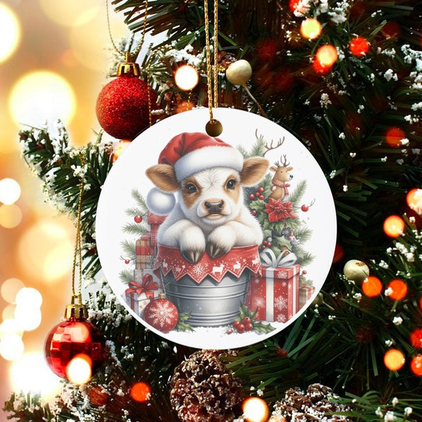 Adorable Calf in Santa Hat Ceramic Ornament, Baby Cow Christmas Ornament, Farmhouse Animal Holiday Ornament, Tree Decor Prese