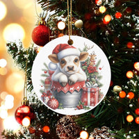Adorable Calf in Santa Hat Ceramic Ornament, Baby Cow Christmas Ornament, Farmhouse Animal Holiday Ornament, Tree Decor Present for Animal Lovers
