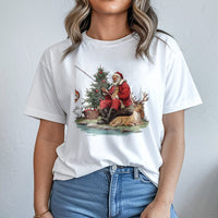 Vintage Outdoorsy Holiday T-Shirt, Fishing Santa Christmas T-Shirt, Humorous Fisherman Graphic T-Shirt, Santa Claus Fishing Xmas Tee