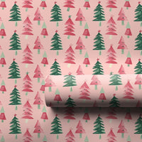 Festive Holiday Gift Wrap Paper, Pink Watercolor Christmas Tree Wrapping Paper, Modern Pastel Christmas Wrapping Paper Roll Present Wrap