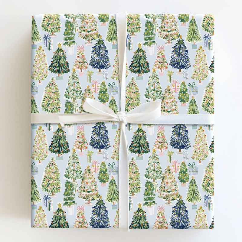 Whimsical Holiday Gift Wrap, Watercolor Christmas Tree Wrapping Paper, Light Blue Xmas Tree Wrapping Paper, Seasonal Gift Wrap Roll