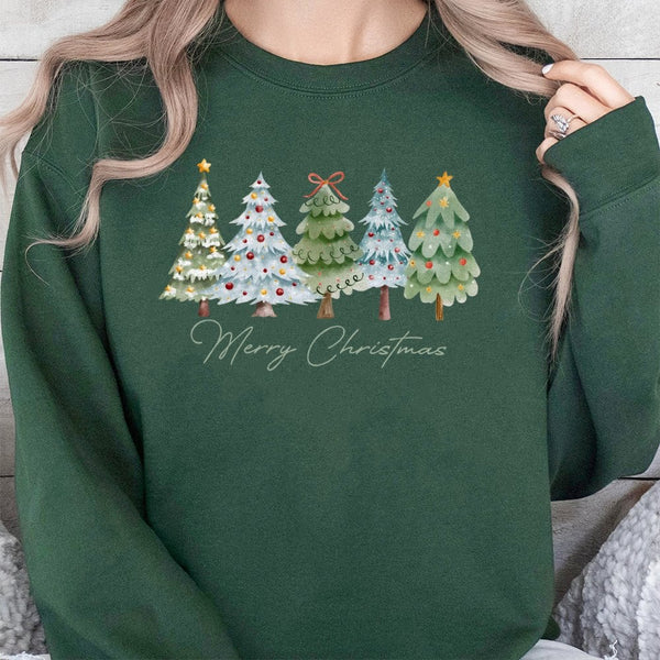 Festive Pine Forest Crewneck, Watercolor Christmas Tree Sweatshirt, Merry Christmas Tree Sweater, Comfy Winter Holiday Tree P