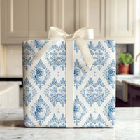 Blue and White Toile Damask Gift Wrap, Vintage Santa Wrapping Paper, Elegant French Country Wrapping Paper, Holiday Christmas Present Wrap