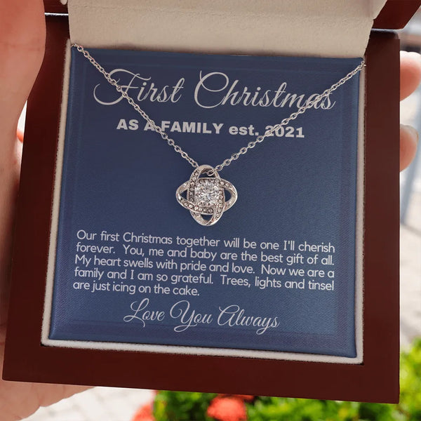 New Mom Crystal Pendant Necklace, First Christmas as a Family Love Knot Necklace, 14k White Gold Over Stainless Steel Wife Pr