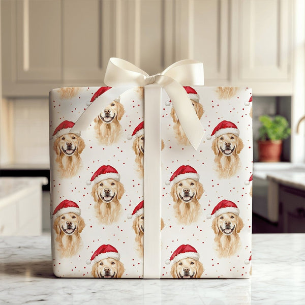 Christmas Dog Gift Wrap, Santa Hat Golden Retriever Wrapping Paper, Holiday Puppy Confetti Present Wrap, Xmas Dog Lover Wrapp