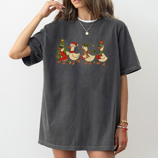 Adorable Holiday Goose Graphic Tee, Christmas Duck T-Shirt, Humorous Christmas Duck Wearing Santa Hat Shirt, Teacher Winter H