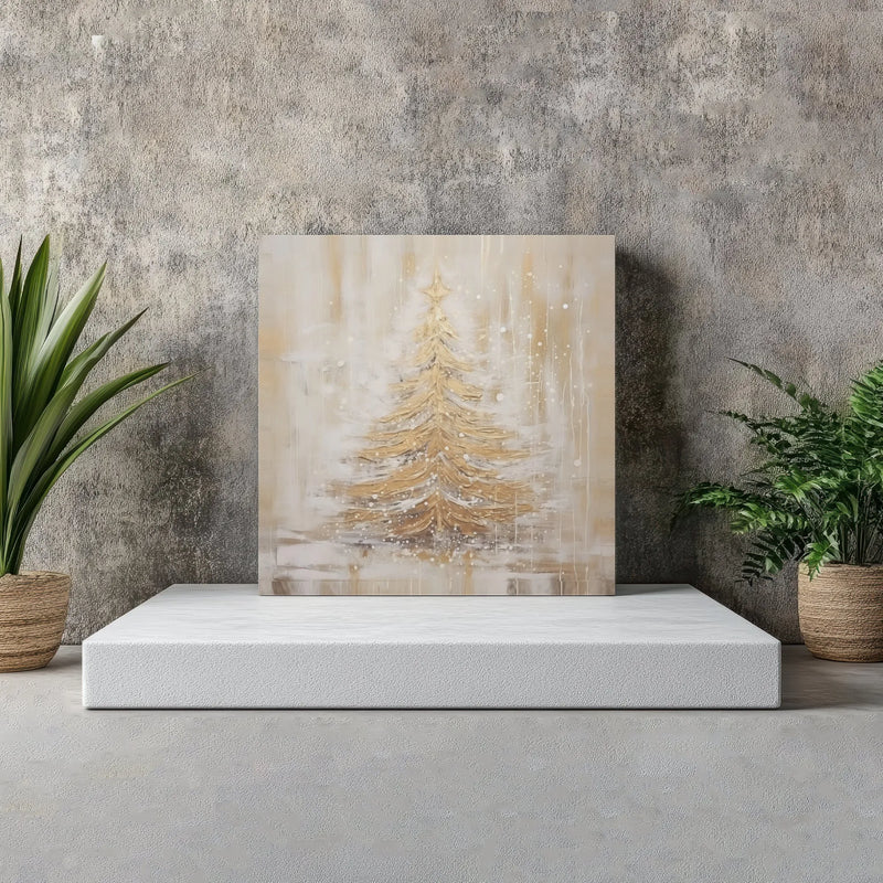 Abstract Winter Painting Print, Golden Christmas Tree Canvas Wall Art, Snowy Holiday Tree Canvas, Elegant Xmas Decor Digital Download
