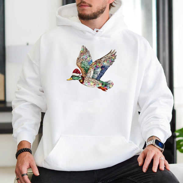 Santa Hat Duck Hoodie, Mallard Duck Christmas Hoodie, Humorous Xmas Duck Hunting Hooded Sweatshirt, Winter Birding Duck Lover