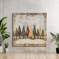 Gold Leaf Textured Forest Canvas Print, Rustic Christmas Trees Square Canvas, Holiday Pine Tree Canvas Wall Art, Winter Festive Home Decor