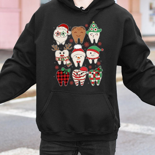 Adorable Holiday Tooth Hooded Sweatshirt, Christmas Dental Hoodie, Dentist Hygienist Xmas Pullover, Dental Office Crewneck Pr