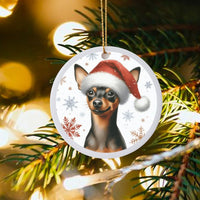 Santa Hat Min Pin Dog Ornament, Miniature Pinscher Christmas Ornament, Ceramic Puppy Tree Ornament, Holiday Keepsake Present for Dog Lovers