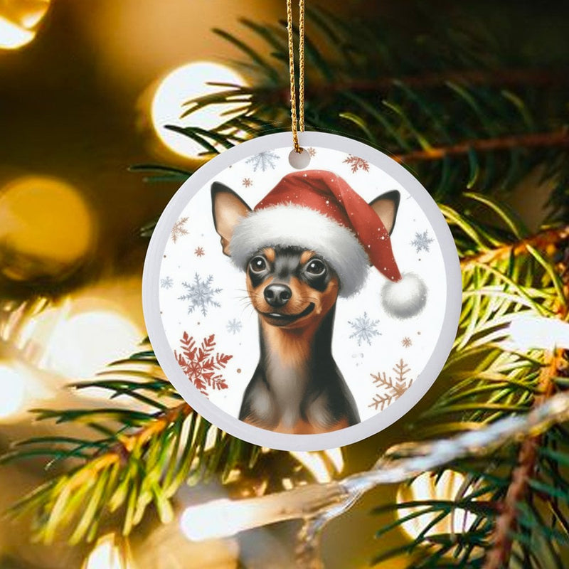 Santa Hat Min Pin Dog Ornament, Miniature Pinscher Christmas Ornament, Ceramic Puppy Tree Ornament, Holiday Keepsake Present for Dog Lovers