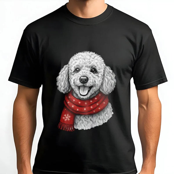 Festive Winter Snowflake Scarf Dog T-Shirt, Poodle Christmas Shirt, Adorable Holiday Puppy Graphic Tee, Christmas Dog Lover S
