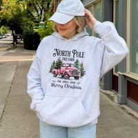 Retro Pink Christmas Truck Sweatshirt, North Pole Tree Farm Hoodie, Festive Farmhouse Holiday Pullover, Comfy Xmas Winter Sweater