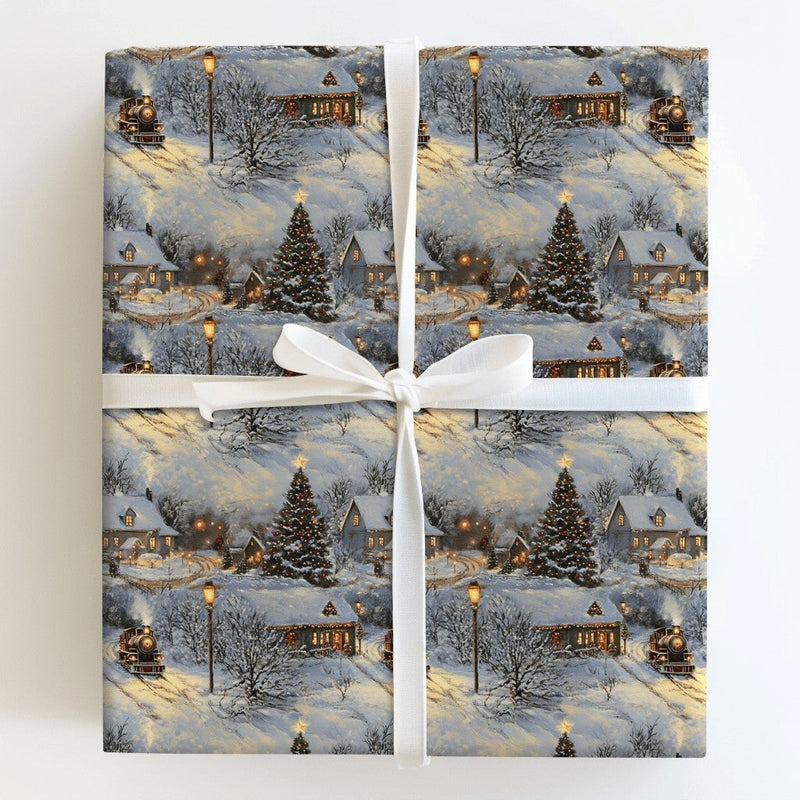 Snowy Village Holiday Gift Wrap, Vintage Steam Train Christmas Wrapping Paper, Nostalgic Xmas Wrapping Paper, Winter Present Gift Wrap Roll