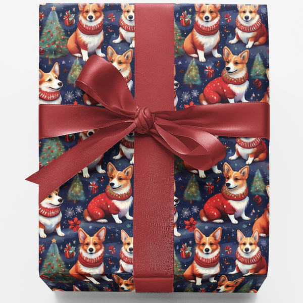 Festive Pembroke Dog Gift Wrap, Corgi Christmas Wrapping Paper, Holiday Evergreen Dog Present Paper, Winter Xmas Gift Wrappin
