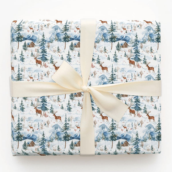 Snowy Cabin Holiday Gift Wrap, Watercolor Deer Winter Wrapping Paper, Rustic Forest Wrapping Paper, Mountain Christmas Tree W