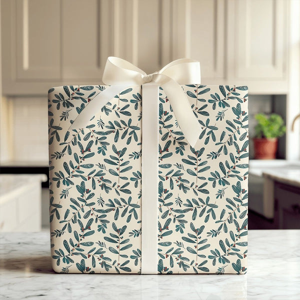 Winter Greenery Christmas Gift Wrap, Botanical Holly Berry Wrapping Paper, Red Berry Holiday Wrapping Paper
