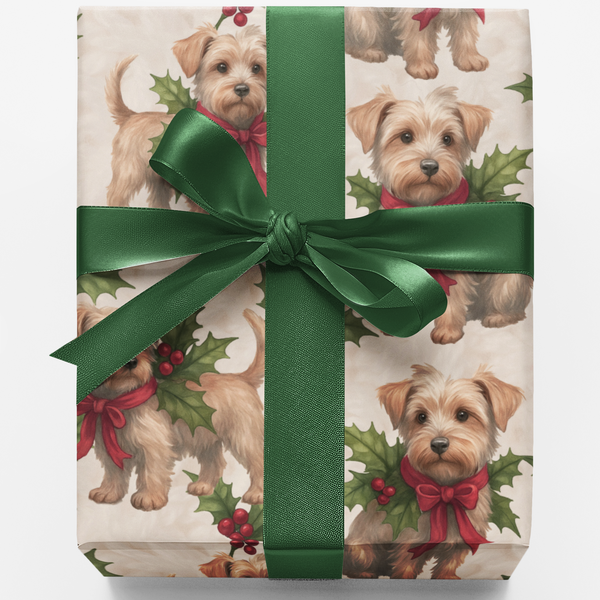 Holly and Red Bows Dog Gift Wrap Roll, Christmas Puppy Wrapping Paper, Adorable Puppy Holiday Wrapping Paper, Dog Lover Chris