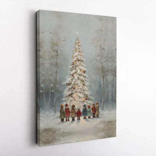 Children Playing in Snow Canvas Art, Vintage Christmas Tree Canvas Print, Nostalgic Holiday Canvas Decor, Winter Wonderland W