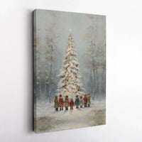 Children Playing in Snow Canvas Art, Vintage Christmas Tree Canvas Print, Nostalgic Holiday Canvas Decor, Winter Wonderland Wall Art Present