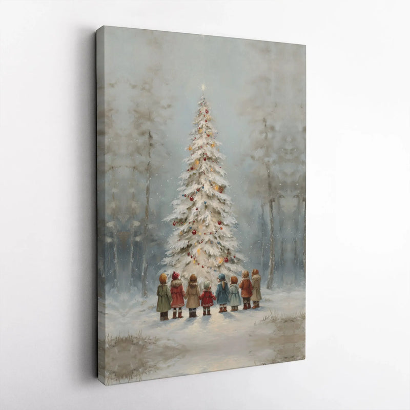 Children Playing in Snow Canvas Art, Vintage Christmas Tree Canvas Print, Nostalgic Holiday Canvas Decor, Winter Wonderland Wall Art Present