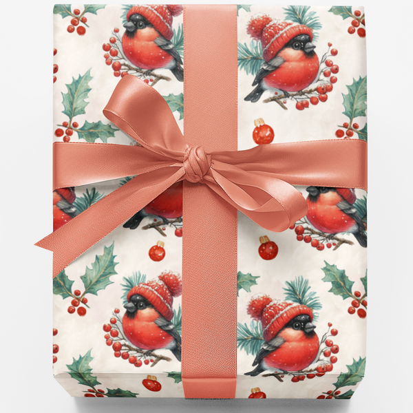Holly Berries Bird Holiday Gift Wrap, Winter Bullfinch Christmas Wrapping Paper, Festive Nature Present Paper, Elegant Xmas G