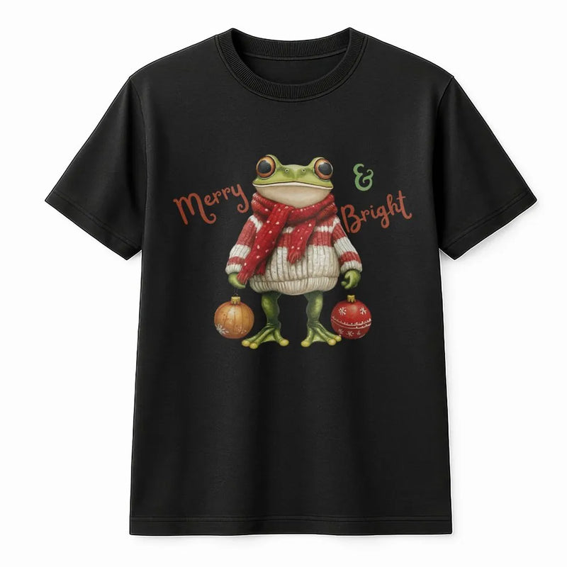 Festive Toad Graphic Tee, Merry and Bright Christmas Frog Shirt, Retro Christmas Frog T-Shirt, Adorable Animal Xmas Tee, Holiday Frog Lover Present