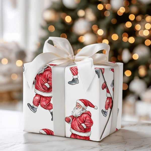 Athletic Running Santa Claus Gift Wrap, Jogging Santa Wrapping Paper, Humorous Fitness Santa Holiday Paper, Christmas Gift Wr